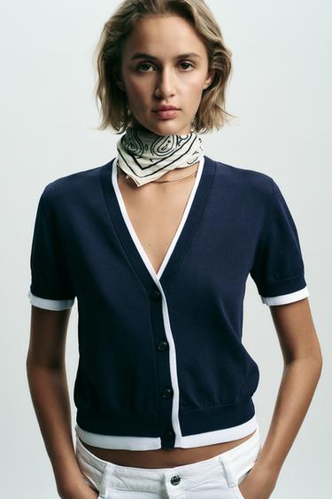 ВЯЗАНЫЙ КАРДИГАН С ДВУХСЛОЙНОЙ ОТДЕЛКОЙ — МОРСКОЙ СИНИЙ от Zara