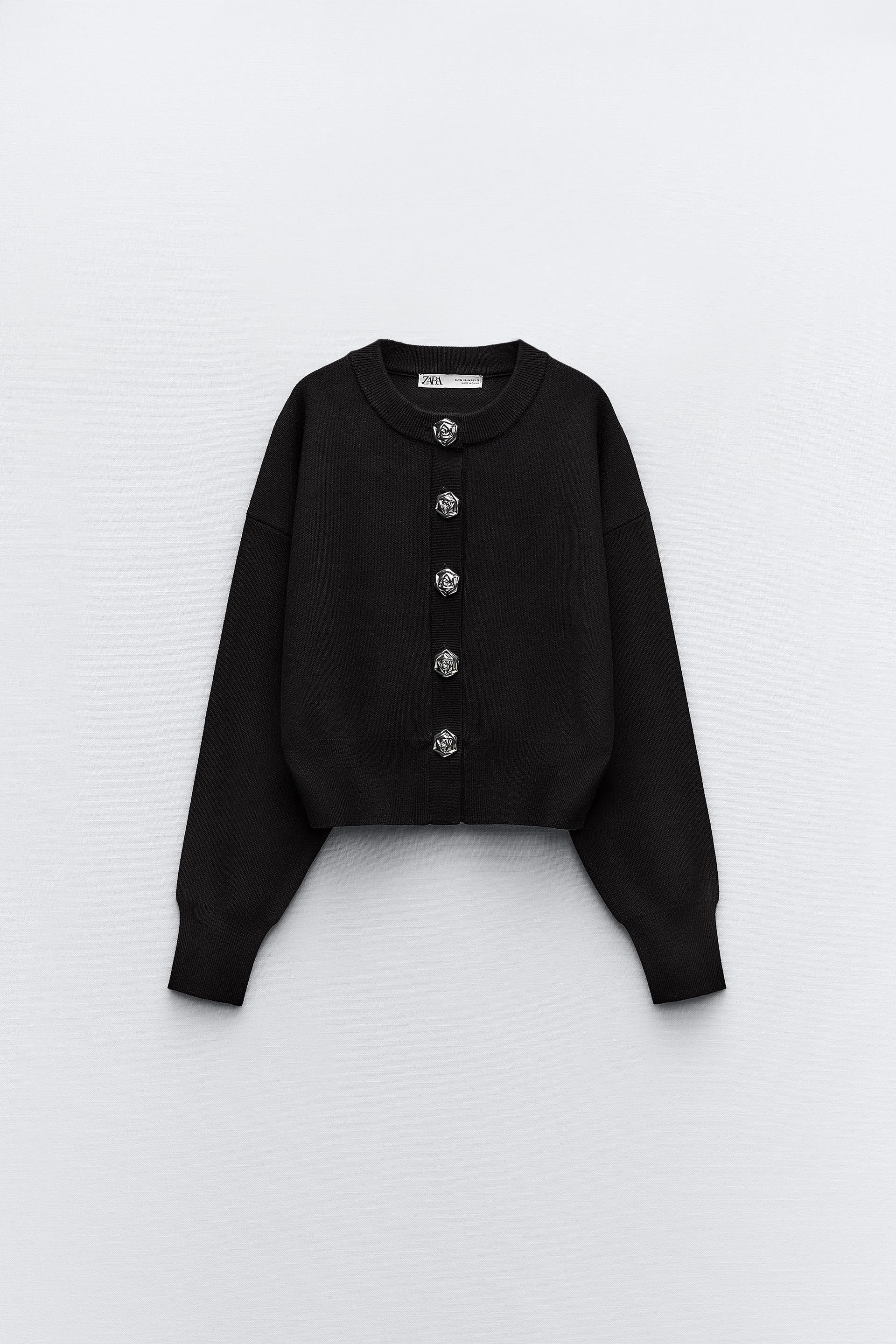 Zara Black Long Duster Cardigan Sweater Button Open Knit Medium Cotton Boho