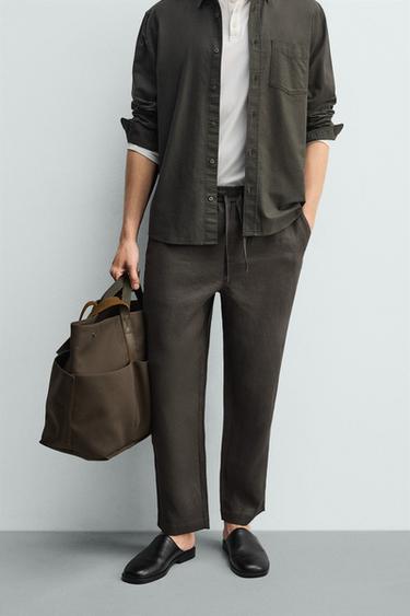 QUẦN RELAXED FIT 100% LINEN - Màu xanh lá cây đậm từ Zara