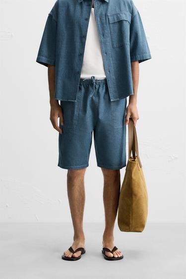RELAXED FIT DENIM BERMUDA SHORTS - Blue / Green by Zara