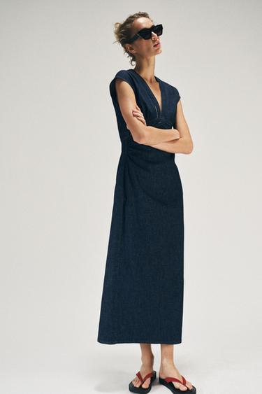 Zara LACE TRIM MIDI DRESS - Blue