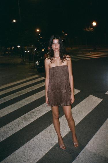 Zara FRINGED STRAPLESS DRESS - Beige-pink - Image 0