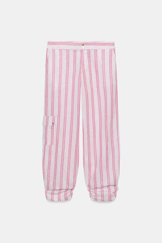 PANTALON À RAYURES ET PLIS - Rose / Blanc de Zara - Image 2