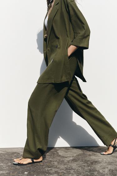 PANTALÓN ANCHO CON LINO - Khaki oscuro de Zara