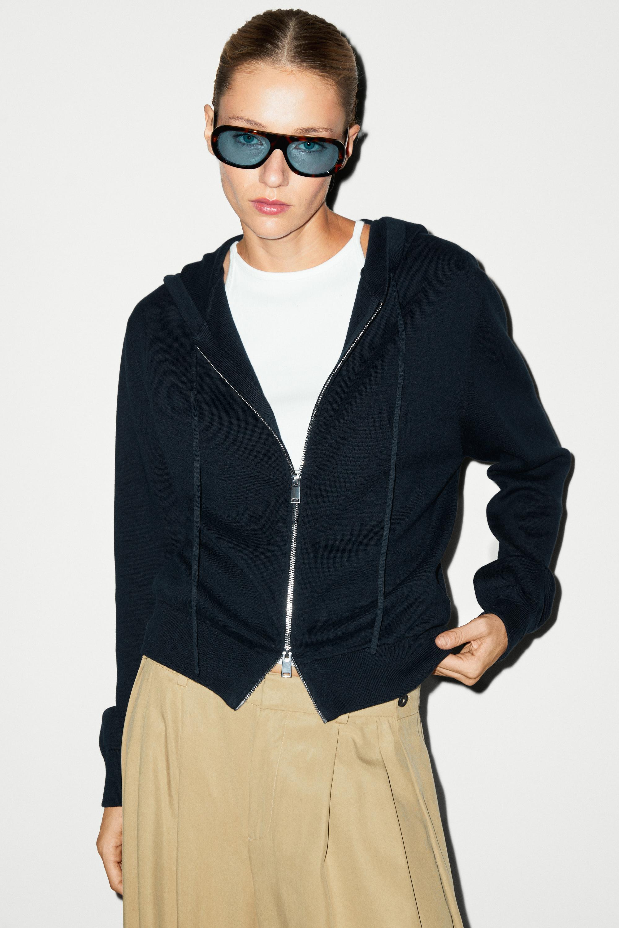 Cotton blend knit hooded cardigan — Navy blue