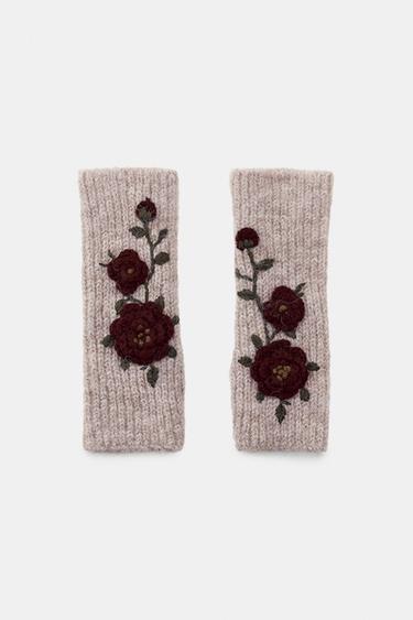 KNIT MITTENS WITH FLORAL EMBROIDERY - Sand by Zara