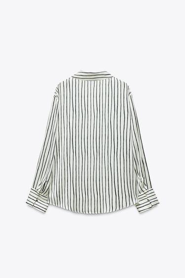 CHEMISE SATINÉE À RAYURES - Écru / Bleu marine de Zara - Image 4
