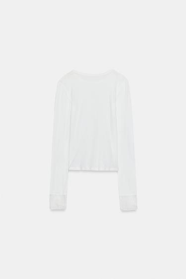 TOP SEMI-TRANSPARENT AVEC POIGNETS EN DENTELLE - Blanc cassé de Zara - Image 4