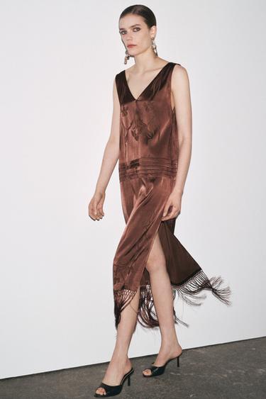 ROBE BRODÉE FRANGES ZW COLLECTION - Marron de Zara - Image 0
