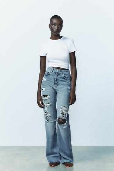 Zara TRF HIGH RISE WIDE LEG RIPPED JEANS - Blue - Image 0