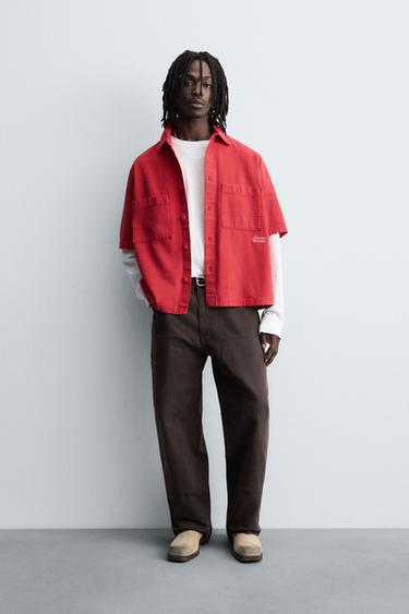 Zara CONTRAST EMBROIDERY SHIRT - Red