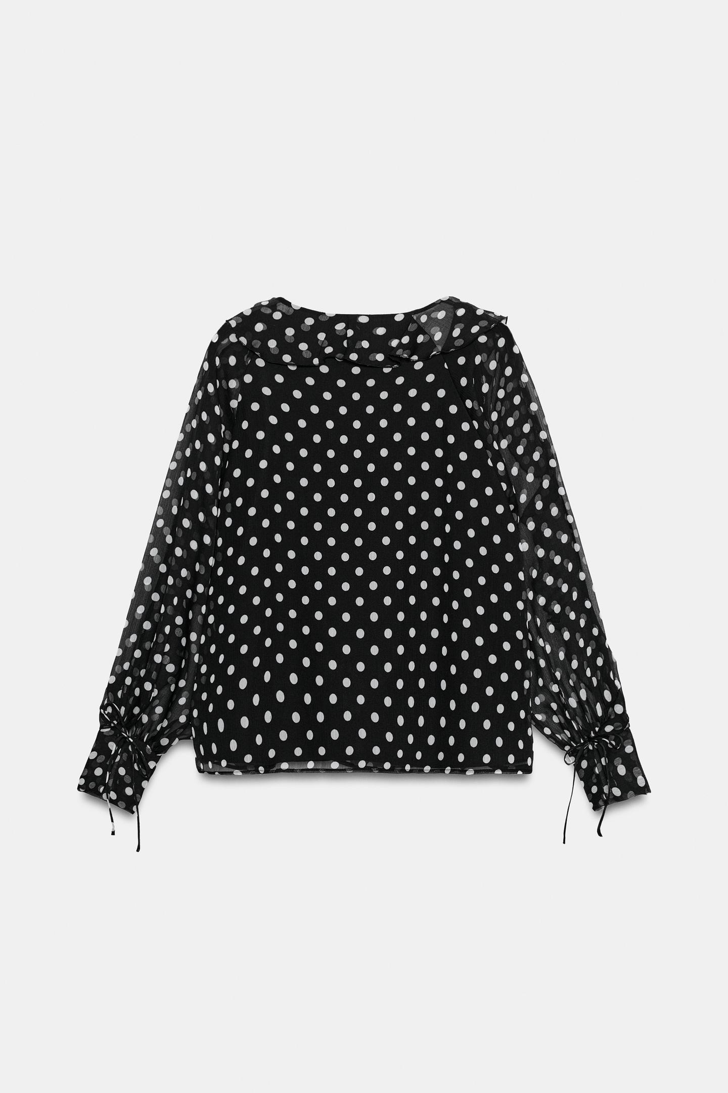 Женская блузка Zara Polka Dot Ruffle Blouse, цвет: Чёрный / Экрю — фото 7