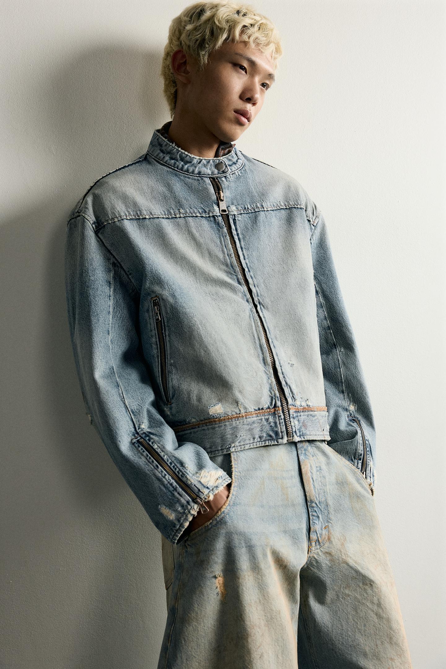 Мужская куртка Zara Cropped Denim Biker, цвет: Синий — фото 7