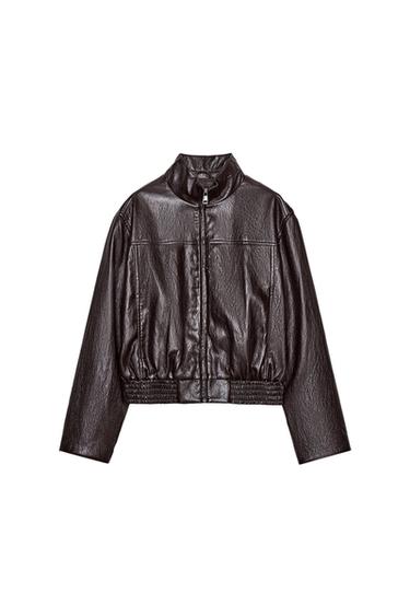 Zara CROPPED FAUX LEATHER BOMBER JACKET - Dark brown