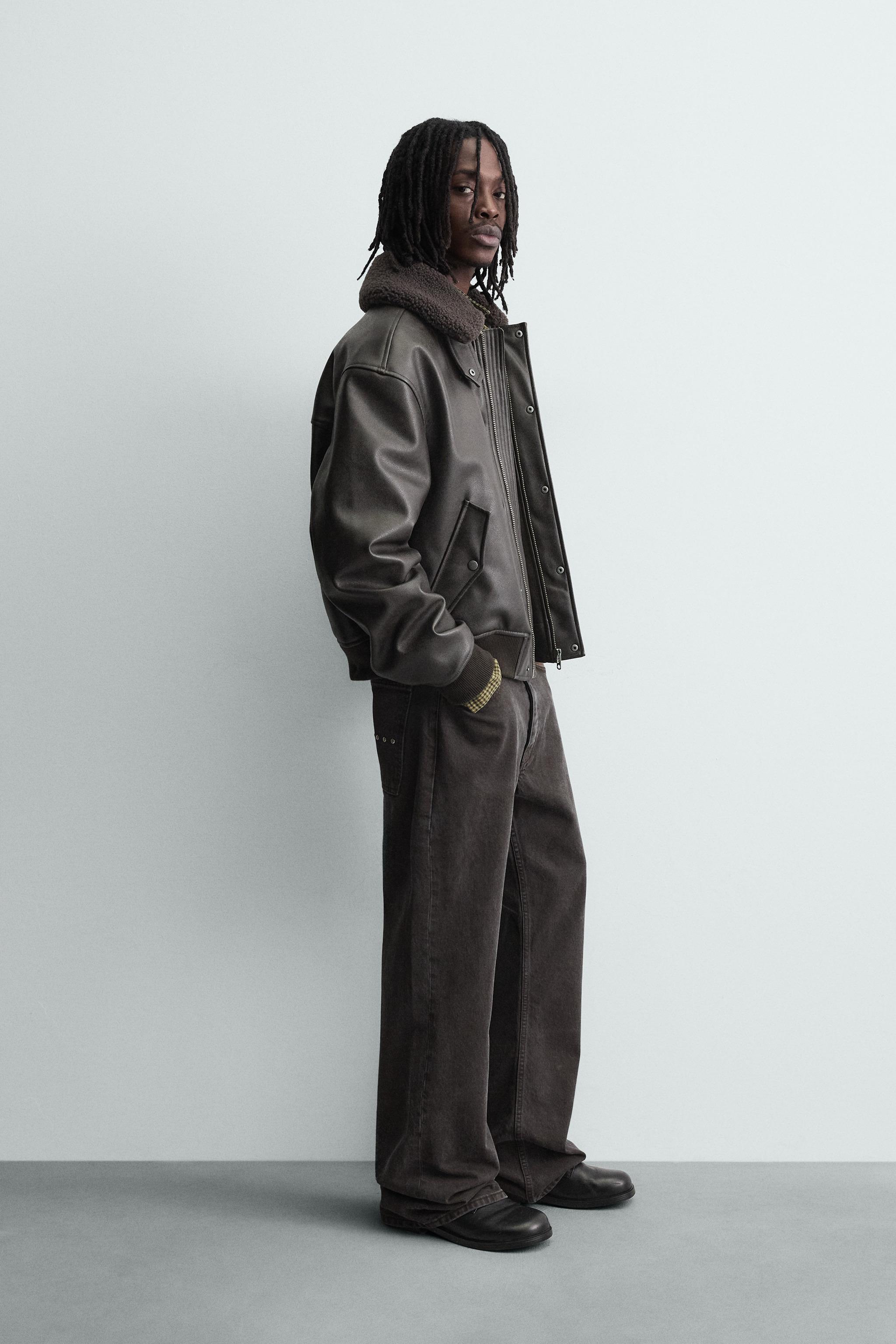 取り外し可能な襟付きフェイクレザージャケット - ブラウン | ZARA