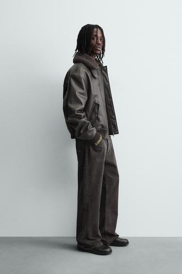 LEATHER EFFECT JACKET WITH DETACHABLE COLLAR - Brown by Zara - Image 3