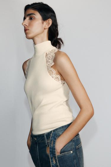 RIBBED LACE T-SHIRT - Ecru by Zara