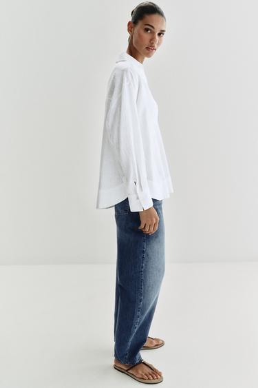 BLOUSE EN LIN À COL POLO - Blanc de Zara - Image 3