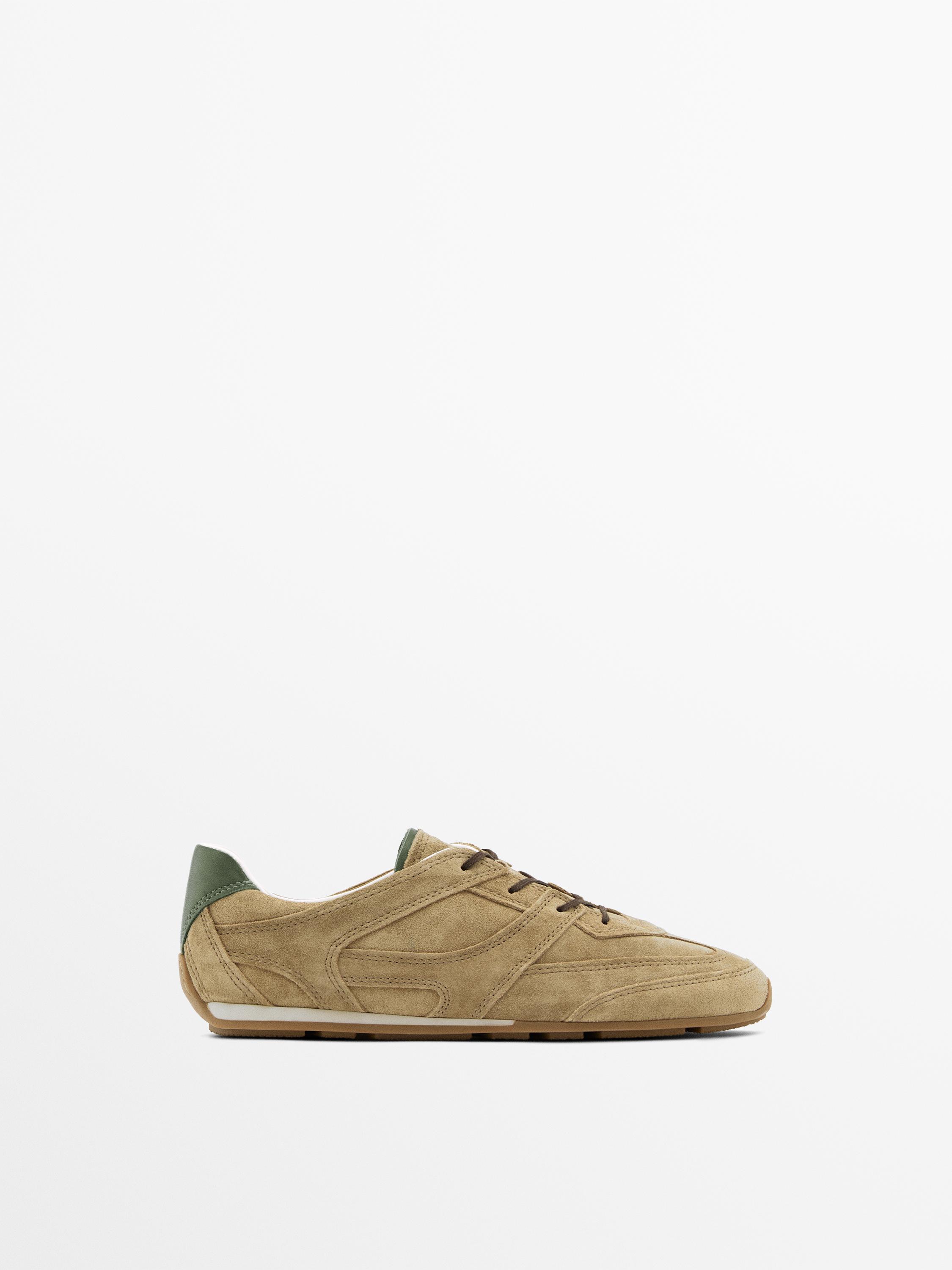 Split leather trainers with piece details — taupe brown
