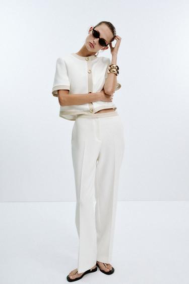 STRAIGHT-LEG TROUSERS WITH CONTRAST WAIST - Oyster-white by Zara