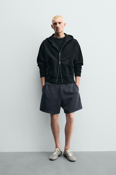 Zara WASHED TEXT PRINT JOGGER SHORTS - Navy blue