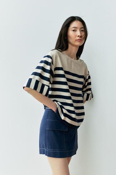 リネンストライプシャツネイビーブルー/エクリュsZaraのリネンストライプシャツ - ネイビーブルー/エクリュs