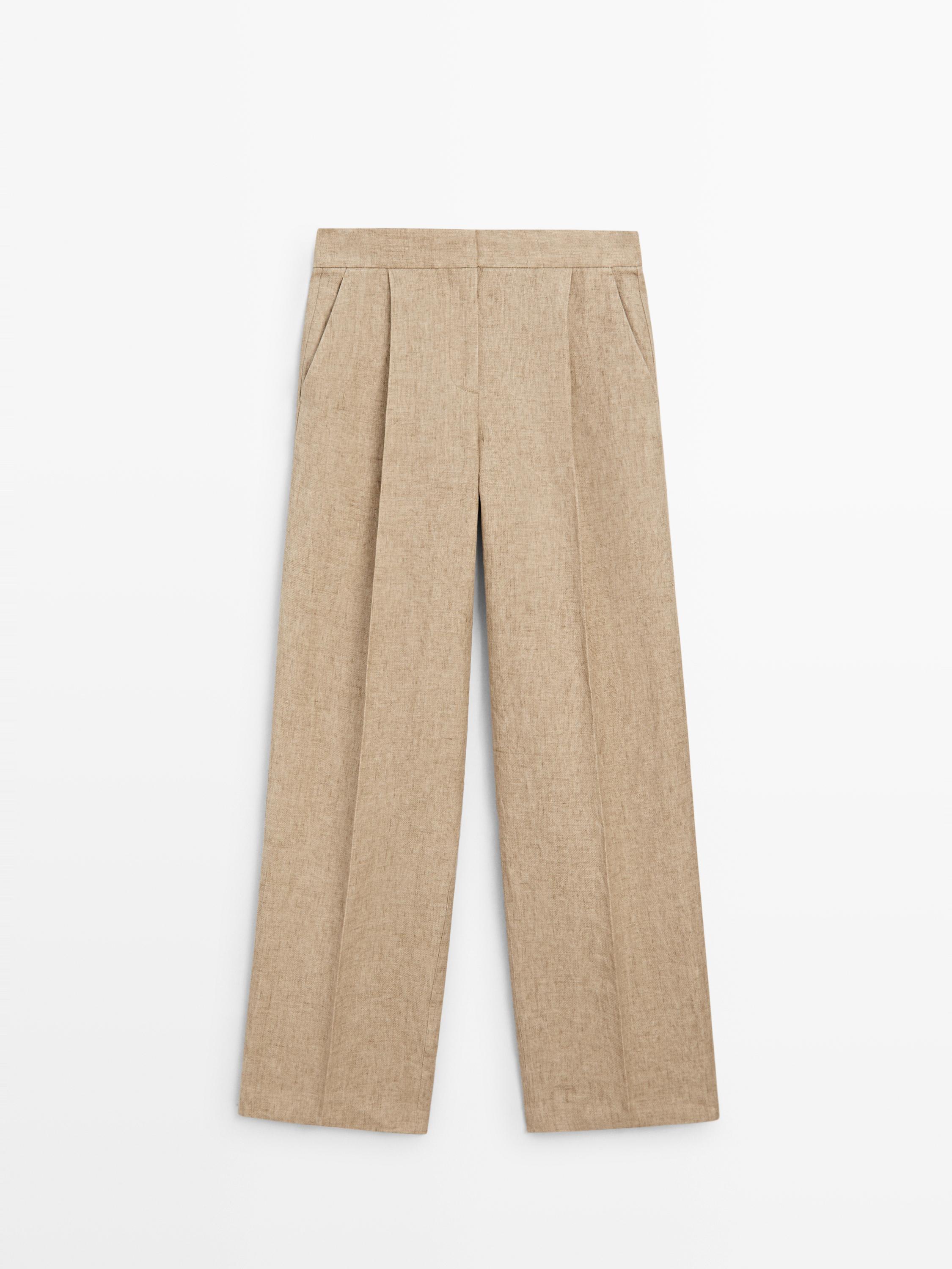 Flowing linen trousers with darts — Beige