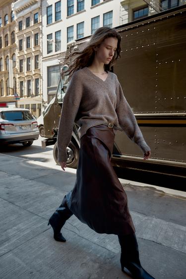 FAUX LEATHER MIDI SKIRT WITH BELT - Burgundy by Zara - Image 1