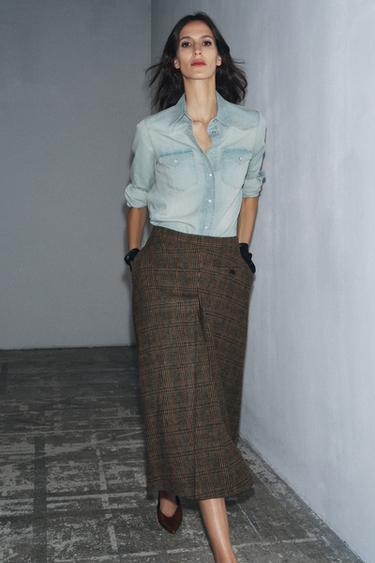 JUPE À CARREAUX PLIÉE AVEC LAINE ZW COLLECTION - Marron-Bleu de Zara - Image 4