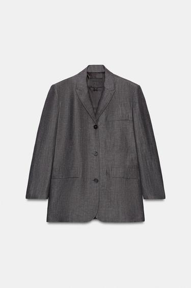 Zara ZW COLLECTION STRAIGHT-CUT LINEN BLAZER - Gray