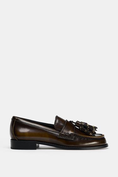 Zara STUDDED TASSELED LOAFERS - Brown