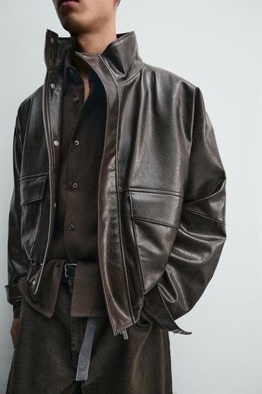 CROPPED FIT LEATHER EFFECT JACKET - Brown by Zara - Image 4