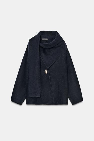 SHORT KNIT COAT WITH SCARF - Navy blue by Zara