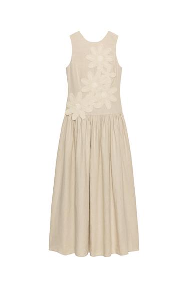 LINEN BLEND COMBINED MIDI DRESS - Light beige by Zara