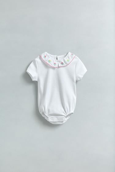 Zara EMBROIDERED NECK BODYSUIT - Oyster-white