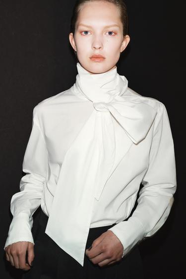 Zara ZW COLLECTION POPLIN TIE SHIRT - White