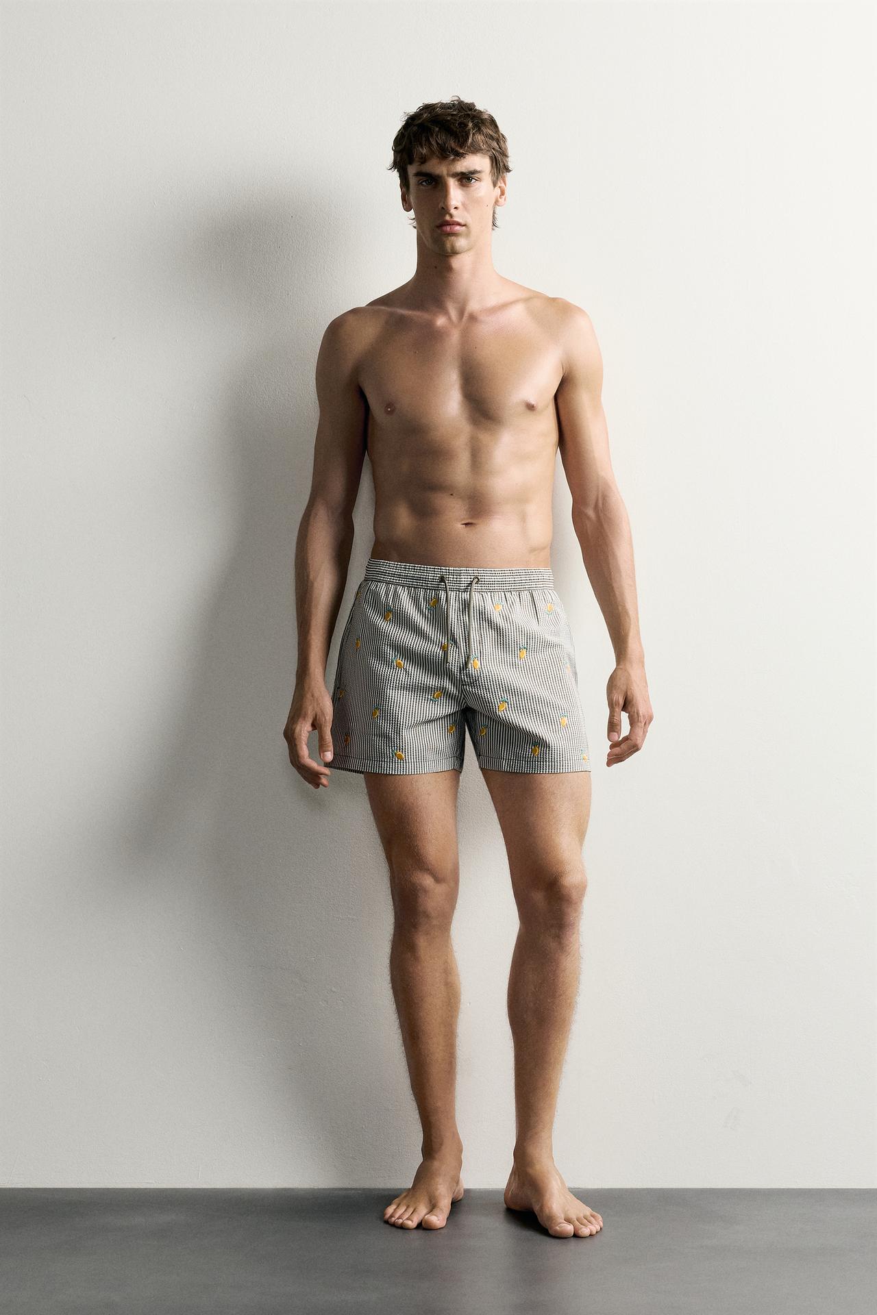EMBROIDERED SEERSUCKER SWIM SHORTS — Khaki