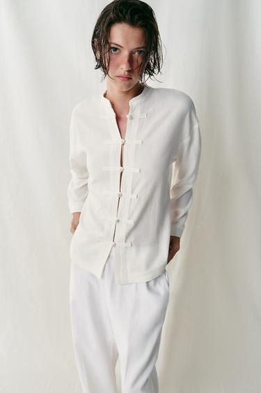 Zara LINEN OVERSIZED SHIRT WITH FROG FASTENING - White