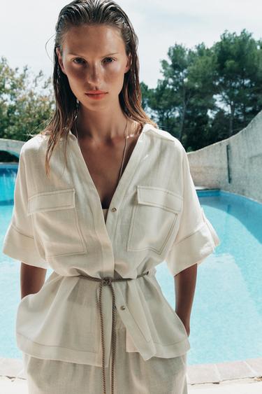 CAMISA SAFARI CORDÓN CON RAMIO - Blanco roto de Zara