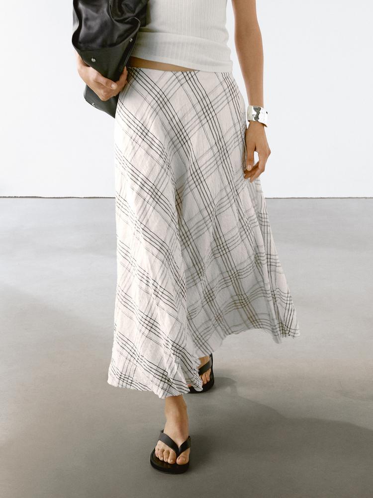 Flowing check midi skirt