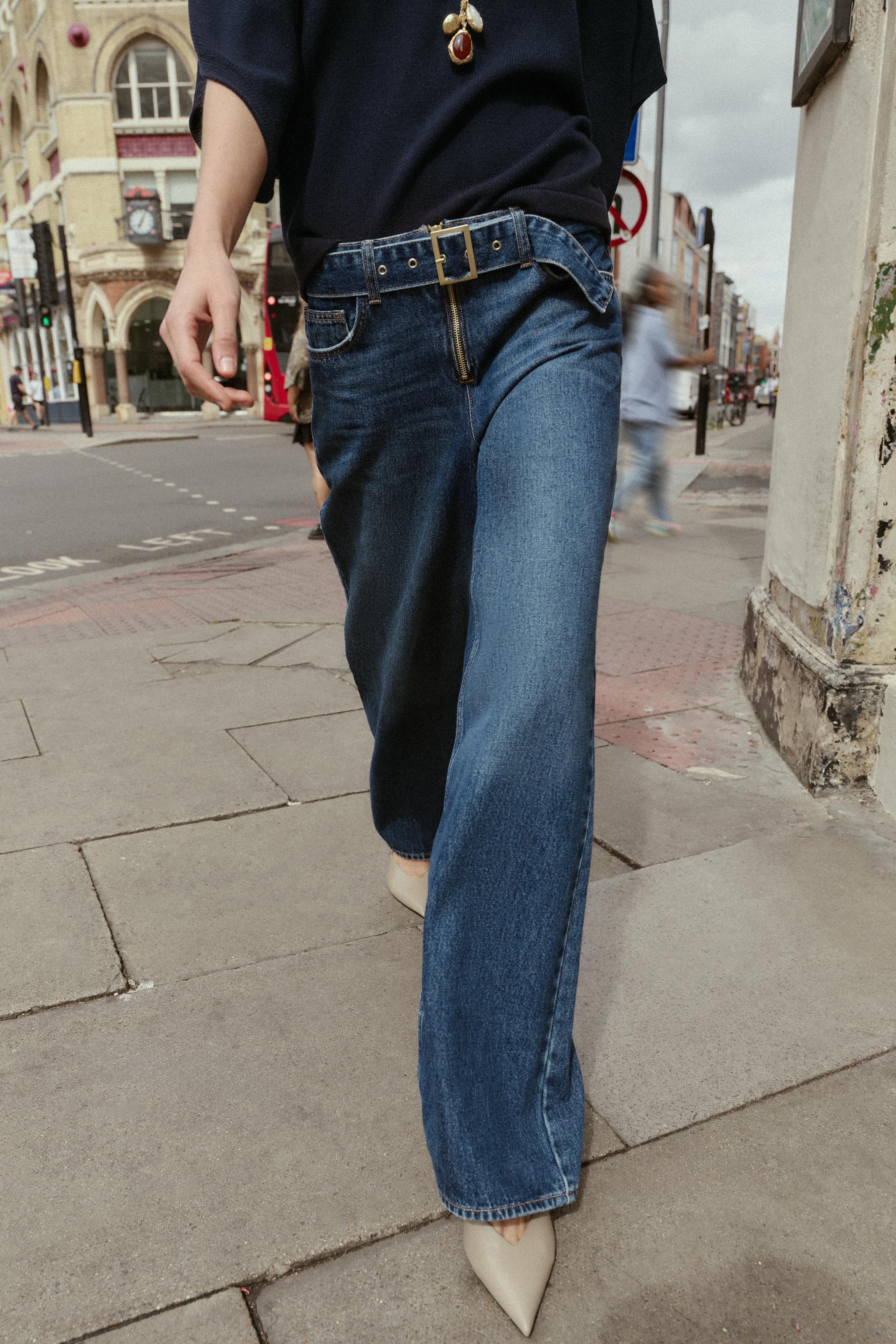 MID-RISE BELTED WIDE LEG JEANS - Mid-blue | ZARA United States