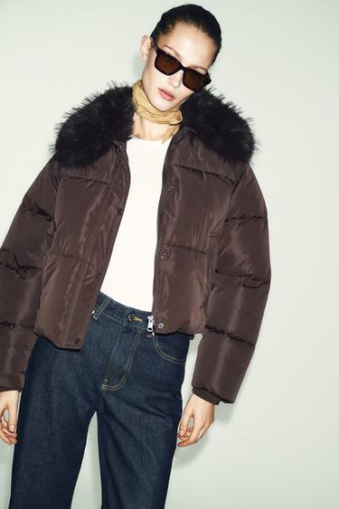 PUFFER BOMBER JACKET WITH FAUX FUR LAPEL - Brown by Zara