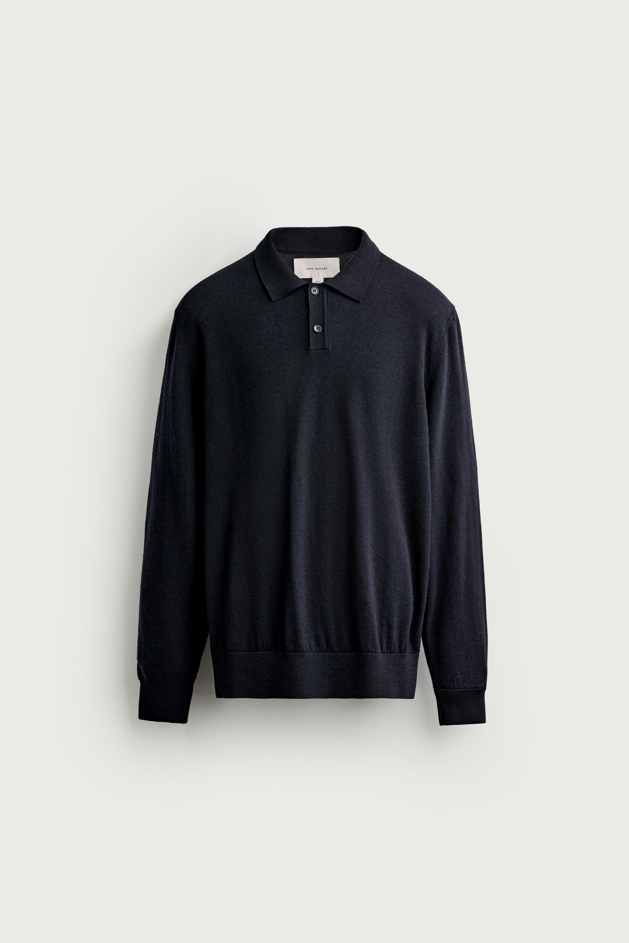 100% WOOL KNIT POLO SHIRT — Navy blue