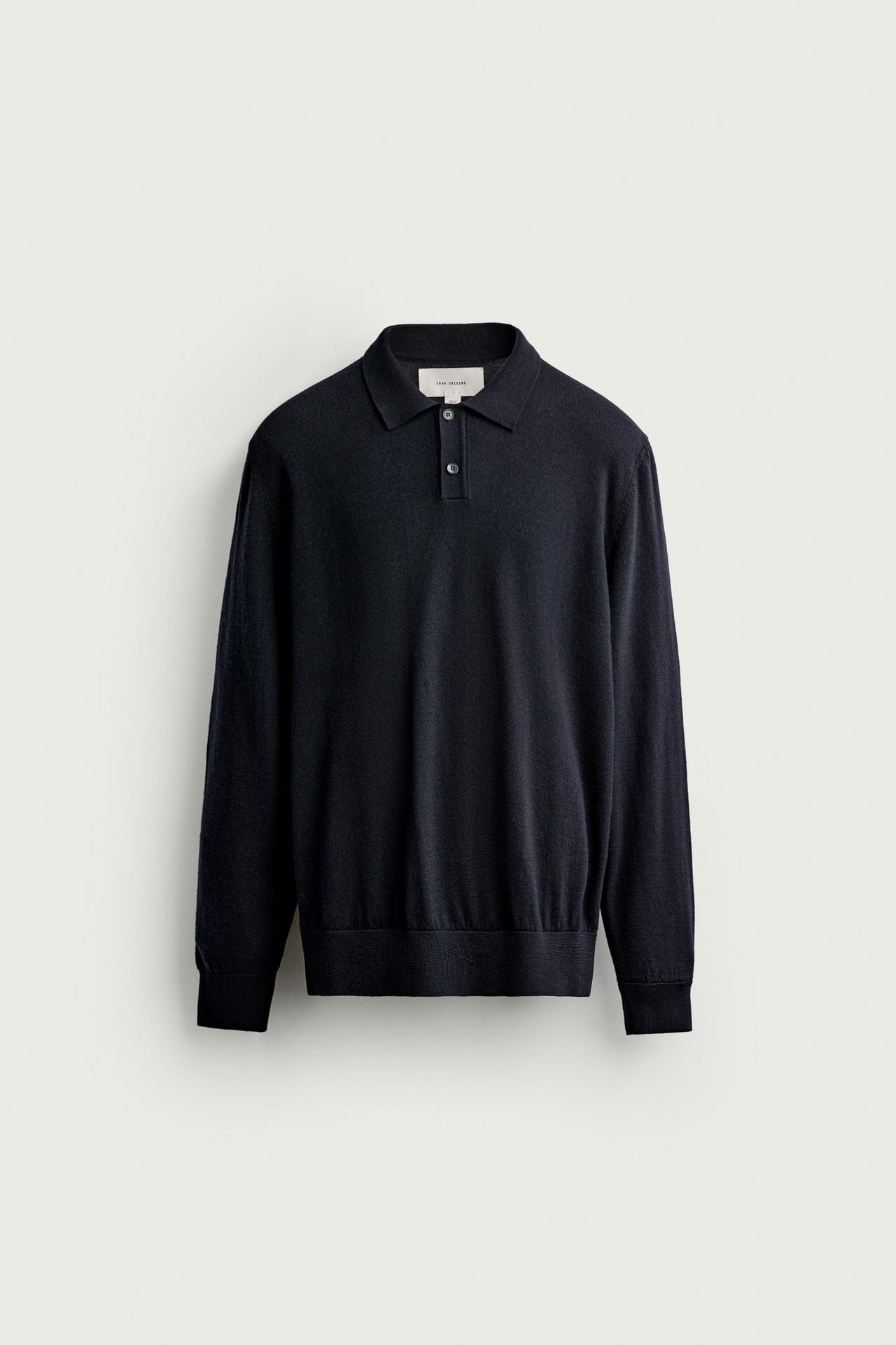 100% WOOL KNIT POLO SHIRT — Navy blue