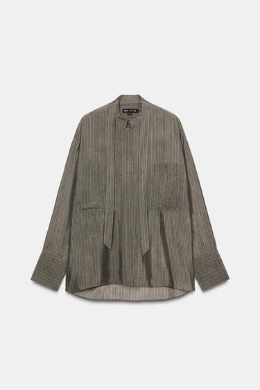ZW COLLECTION BLOUSE WITH POCKETS AND TIE - Greys by Zara