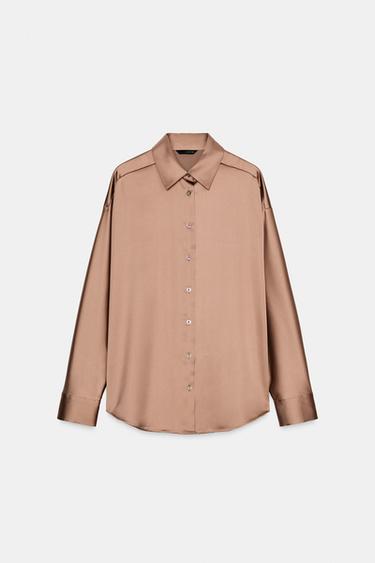 SATIN DROP-SHOULDER SHIRT - Mid-camel by Zara - Image 4
