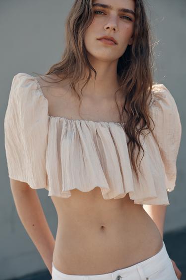 CRINKLE-EFFECT CROP TOP - Cream by Zara