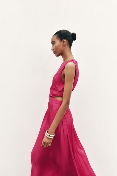 ROBE MIDI SATINÉE AJOURÉE - Fuchsia de Zara - Image 5