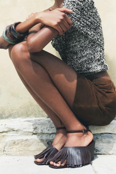 LEATHER WEDGES WITH FRINGING - Chocolate Brown by Zara - Image 0