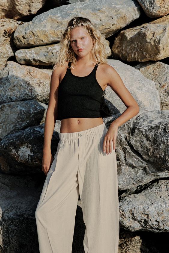 Elastik crop fit pantolon
